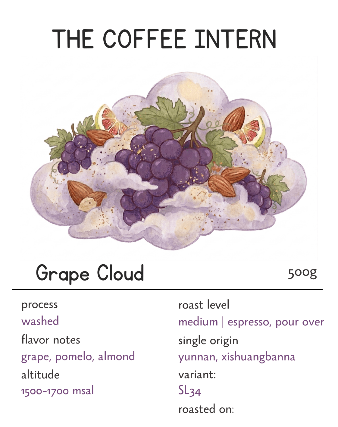 The_Coffee_Intern Grape_Cloud Coffee Yunnan Golden_Cocoa Intern_First_Crush Honey_Citrus